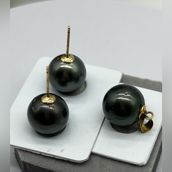 12.8mm South Sea Pearl Tahitian Blk Stud Earrings  with 13.2mm Pendant  … - Picture 13 of 15
